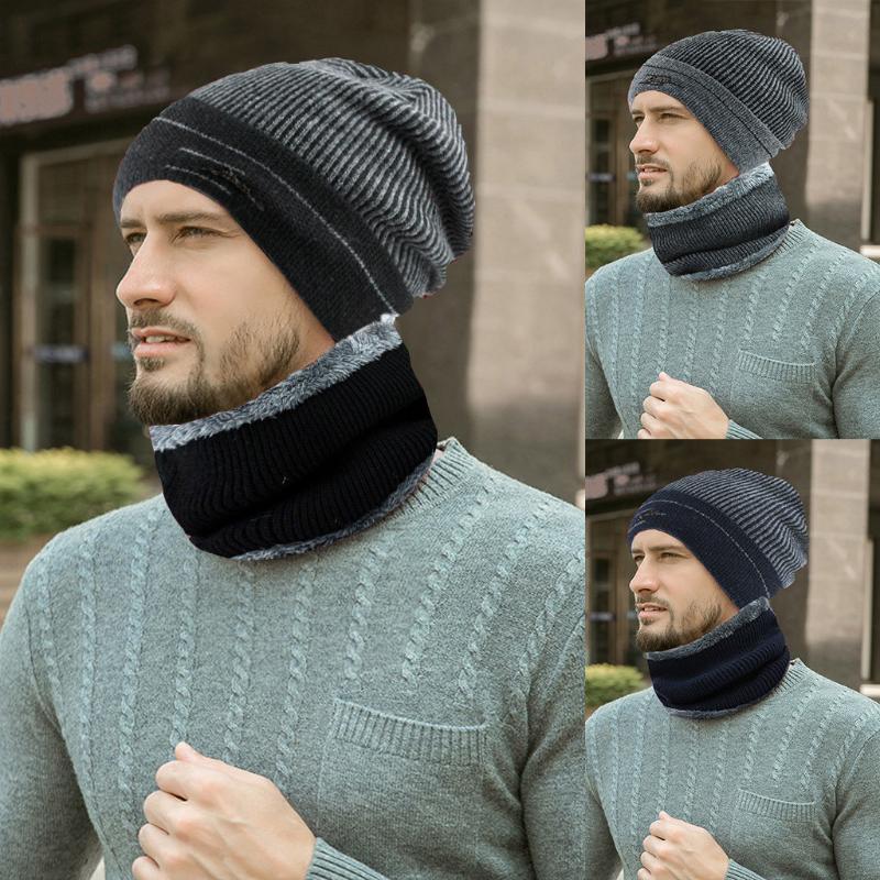 

New Fashion Men Warm Beanie Winter Thicken Knit Windproof Cap Hat And Scarf Two-piece Set Mulheres Chapéus Sombreros De Mujer
