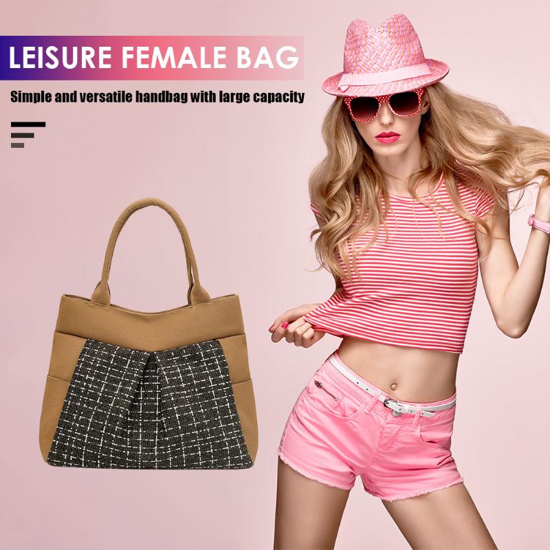 

Women Tote Soft PU Leather Large Capacity Gold Shopping Package Shoulder Linen Plaid Travel Totes Shopping Shoulder Bags, Beige