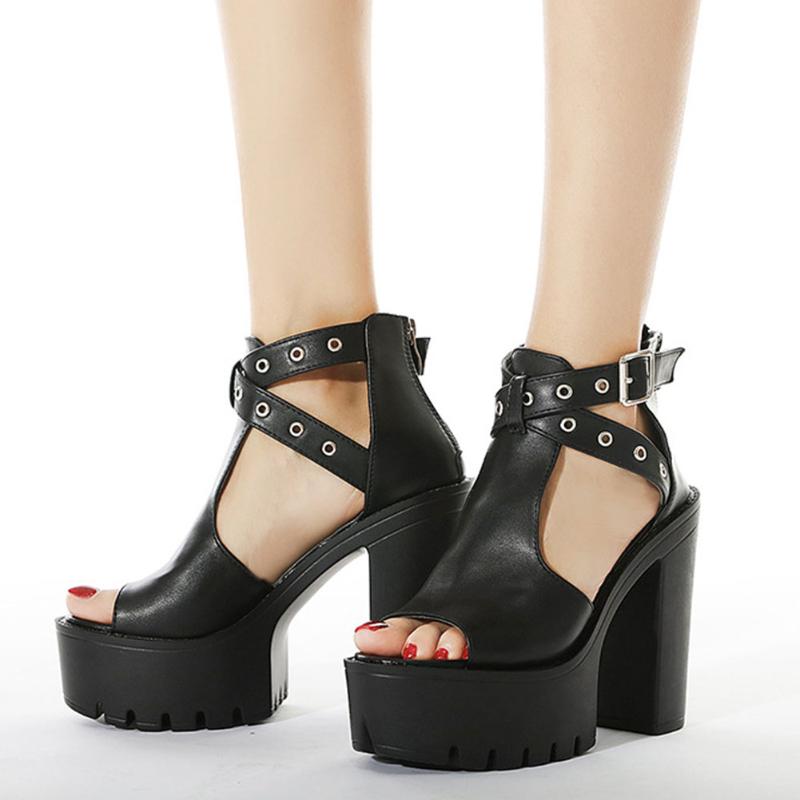 

BONJOMARISA The Size 42 Female Sandasl Buckle Strap Solid Platform Zipper Sandals Women High Heel Cool Stylish Shoes Woman, Black