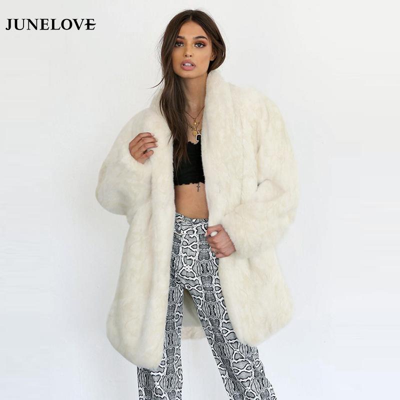 

JuneLove Women Vintage Faux Fur Coat New Fashion Casual White Fur Winter Thick Warm Long Coat Fluffy Jacket Plus Size Outwear