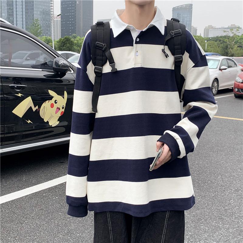 

Men's T-Shirts Autumn All-Match Casual Striped Loose Long Sleeve Men T Shirts Fashion Lapel Black Yellow Oversized Punk Streetwear Clot, White;black