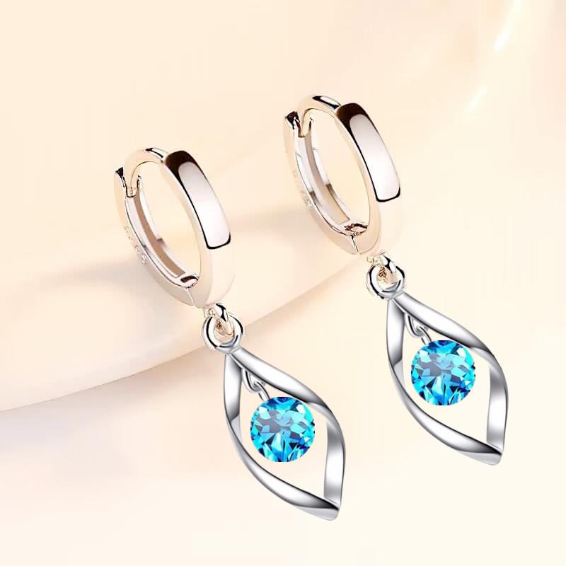 

Dainty Female Aqua Blur Crystal Hoop Earrings Charm Silver Color Wedding Earrings Trendy Round Zircon Stone For Women