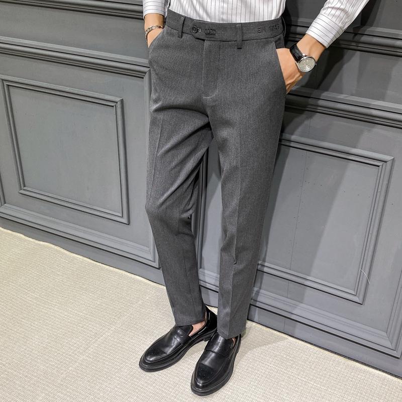 

Men's trousers trendy crown embroidery casual trousers men's Korean style slim suit pants fashionable business, Black
