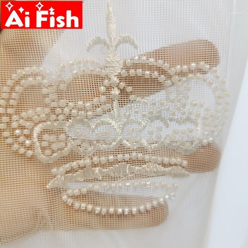 

Luxury Crown Embroidery with White Beads Tulle Curtains for Living Room Refined Lace Gauze Sheer Volie for Bedroom Drape MY200301