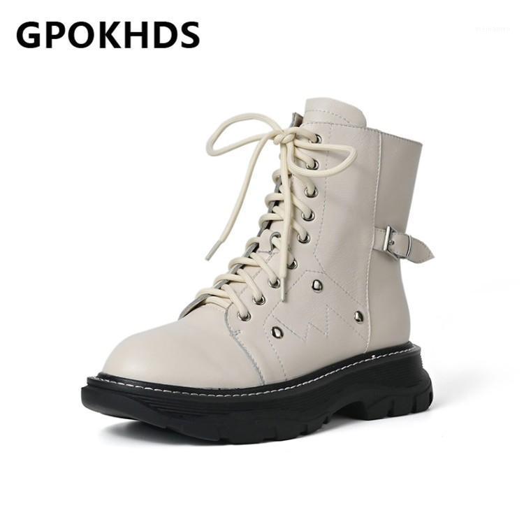 

GPOKHDS 2021 women Ankle boots Cow leather Winter short plush Round Toe Rivet Buckle Strap Med heels female Riding boots size 391, Black