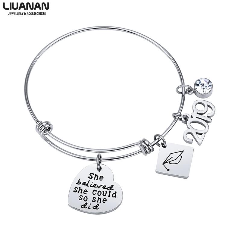 

2020 Graduation Charms Bracelet & Bangle with CZ Inspirational Quote Bracelet for Girls Women Graduate Gift
