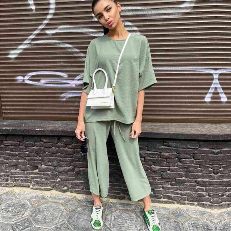 

Ladies Summer Women Set Loose Top Shirt And Long Pants Bottom Two Piece Set Beach Home Casual Tracksuit Women Outfit, White