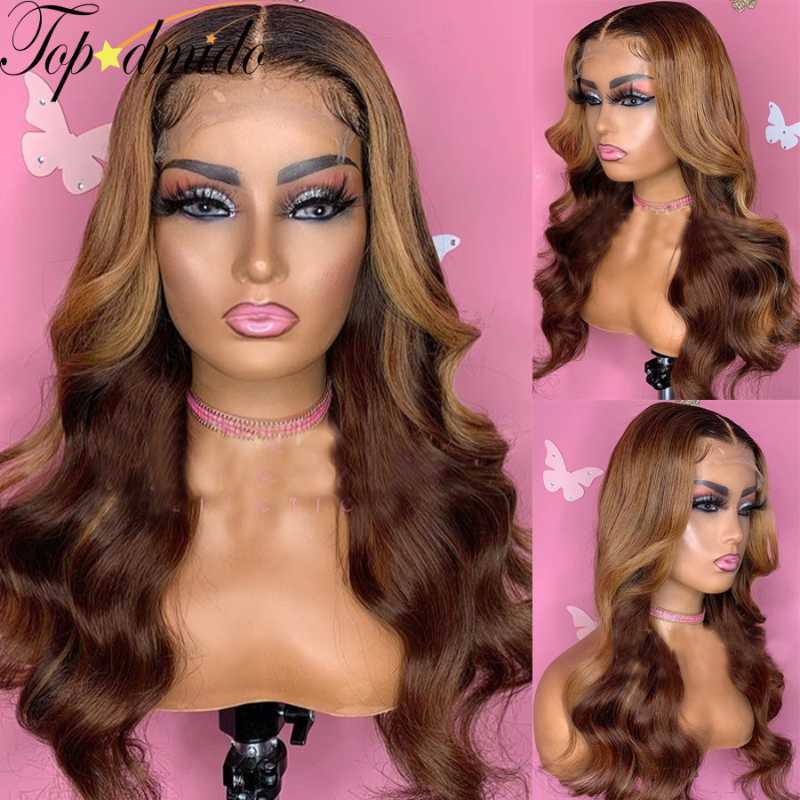 

Lace Wigs Topodmido Brown Highlight Color Remy Hair Front Pre Plucked 13x4 Human Closure For Women, Black;brown