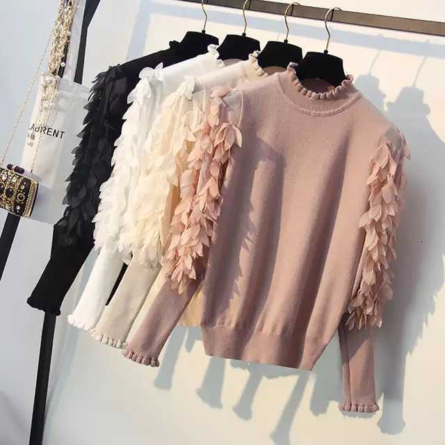 

2021 New Half Turtleneck Women Mesh Long Sleeve 3d Flower Design Sweter Pull Femme Autumn Jumper Knitted Pullover Sweater Lglk, Khaki