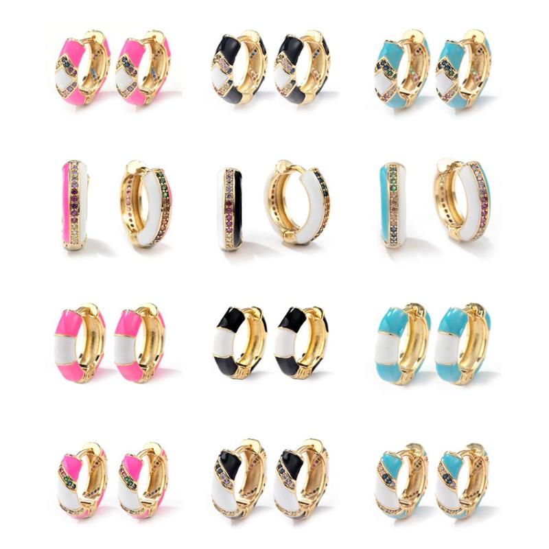 

New Fashion Cubic Zirconia CZ Huggie Earrings for Women Charm Boho Multicolor Enamel Small Circle Hoop Earrings India Jewelry