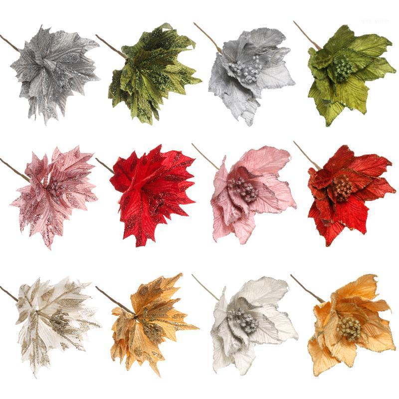 

1pcs Artificial Flowers For Decoration Glitter Poinsettia Fake Flowers DIY Home Wedding Decoration 20cm Flower Head Christmas1, Style2 grey