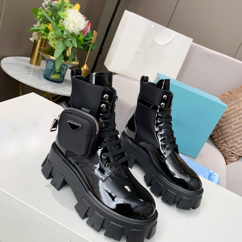 

Women Designers Rois Boots Ankle Martin Boots Nylon Boot military inspired combat boots nylon bouch attached ankle with strap mini bag Box, Black cowhide