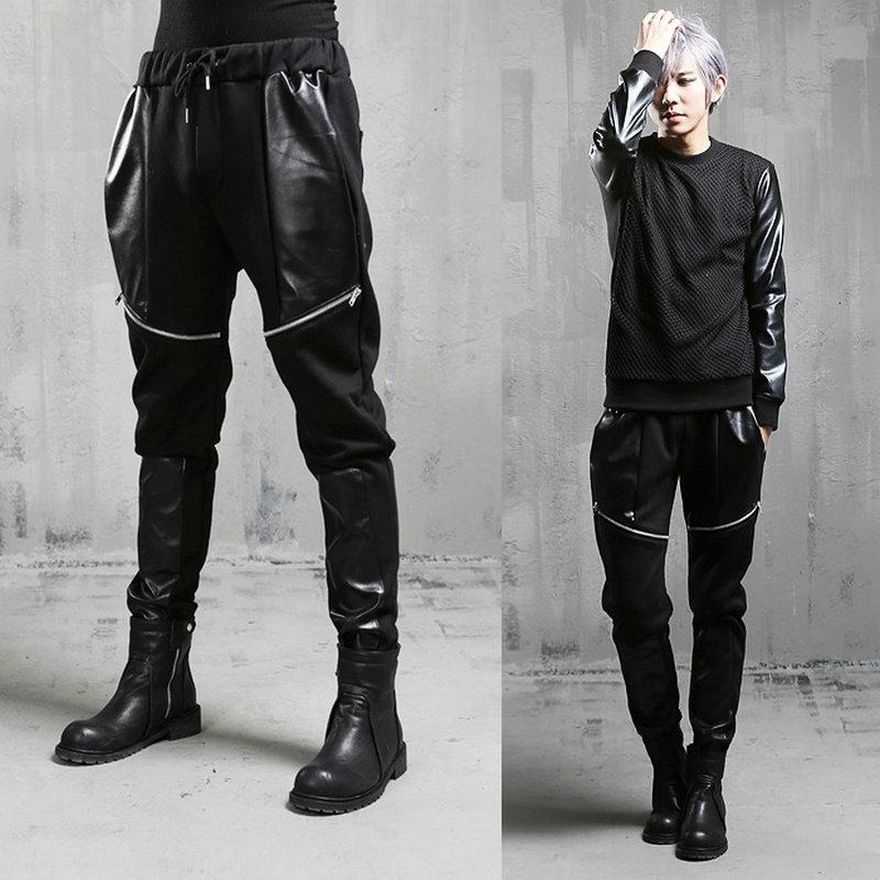 

Summer Men Black Hip Hop Harem Pants Joggers Streetwear Skinny Zippers Pockets Leather Patchwork Camo Cargo Pants Men Sweatpants