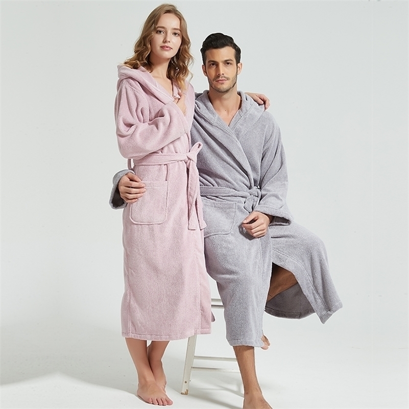 

Winter Men Bathrobe Hooded 100% Cotton Thick Warm Towel Cotton Dressing Gowns Long Bath Robe Hotel Spa Soft Bridesmaid Robe 201111, Beige