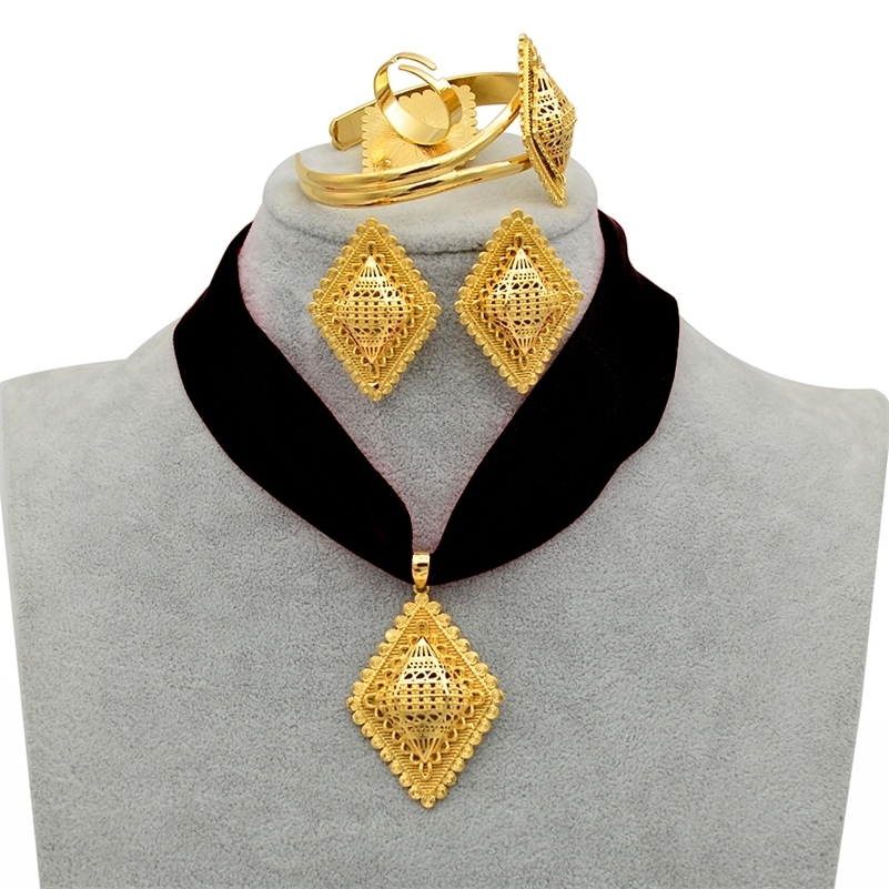

Anniyo DIY Rope Ethiopian Jewelry set Pendant Necklaces Earrings Bangle Ring Gold Color Eritrea Habesha Jewellery Sets #218406 201222, Slivery;crystal