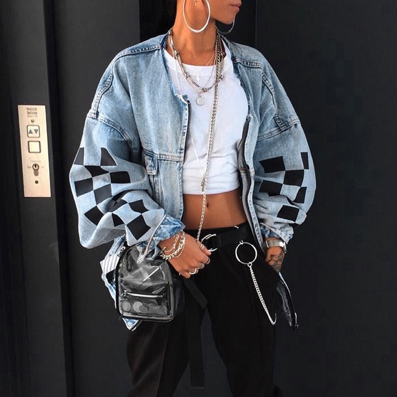 Jean Jacket Women Denim Jackets Autumn Winter Loose Plaid Zipper Tops Streewear Hip Hop Coats Ladies Plus Size 5xl 201112Z