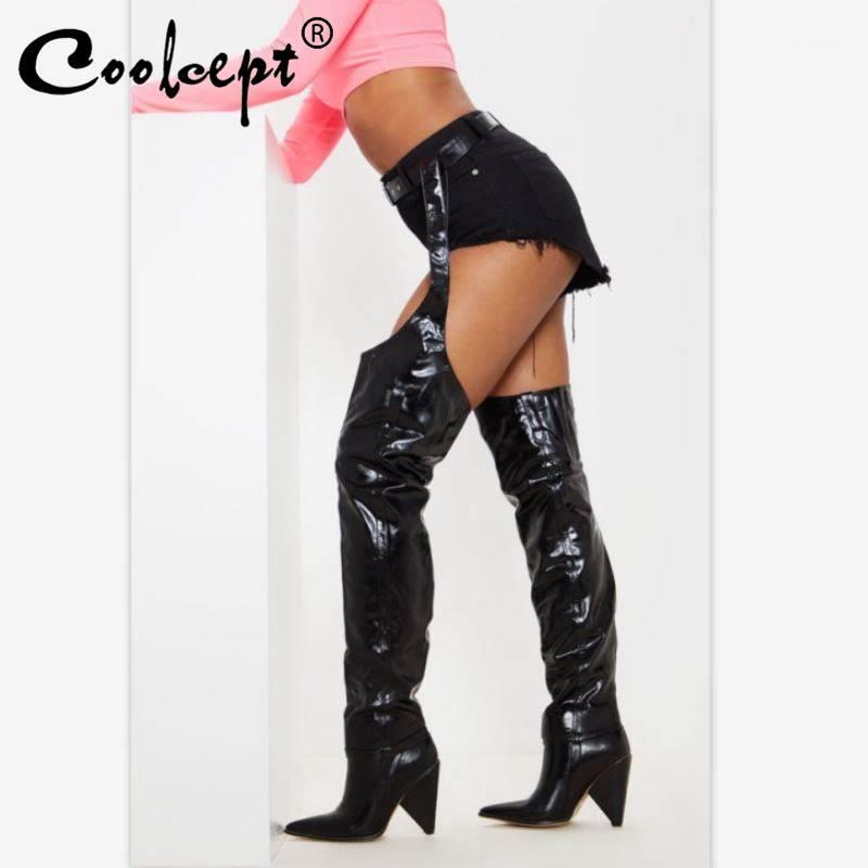 

Coolcept Women Thigh High Pants Boots Winter Sexy Pointed Toe High Heels Brand Designer Shoes Women Nightclub Party Size 33-431, Black