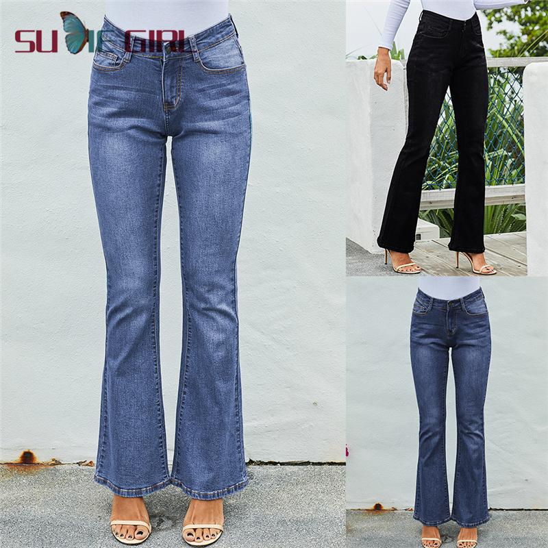 

SUDIE Girl Fashion casual ladies jeans 2020 new high waist stretch thin flared trousers wide leg pants, Black