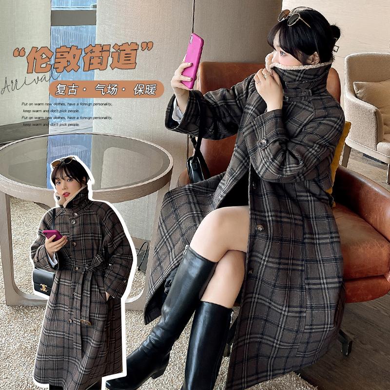 

Winter New Women's Plaid Coat Large Size Korean Style High Collar Vintage Tweed British A358, Brown