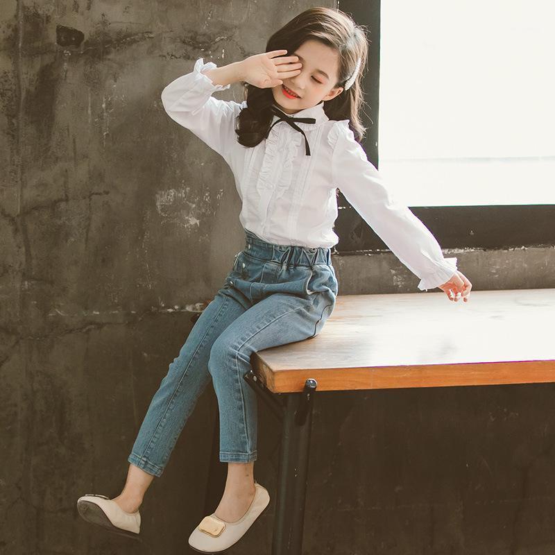 

2020 Autumn teenager baby new kids girl Clothes winter lace pleated white shirt tops + jeans pants 4 5 6 7 8 9 10 11 12 Year1