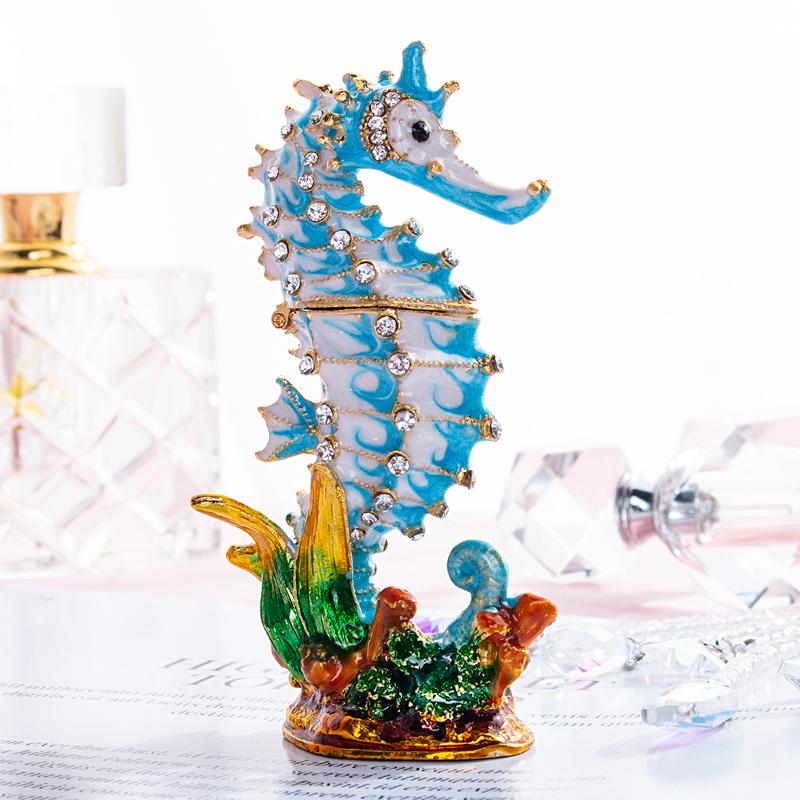 

H&D Trinket Box Crystal Bejeweled Enamelled Seahorse Jewelry Ring Holder Handmade Sealife Figurine Collectible Decoration Gift