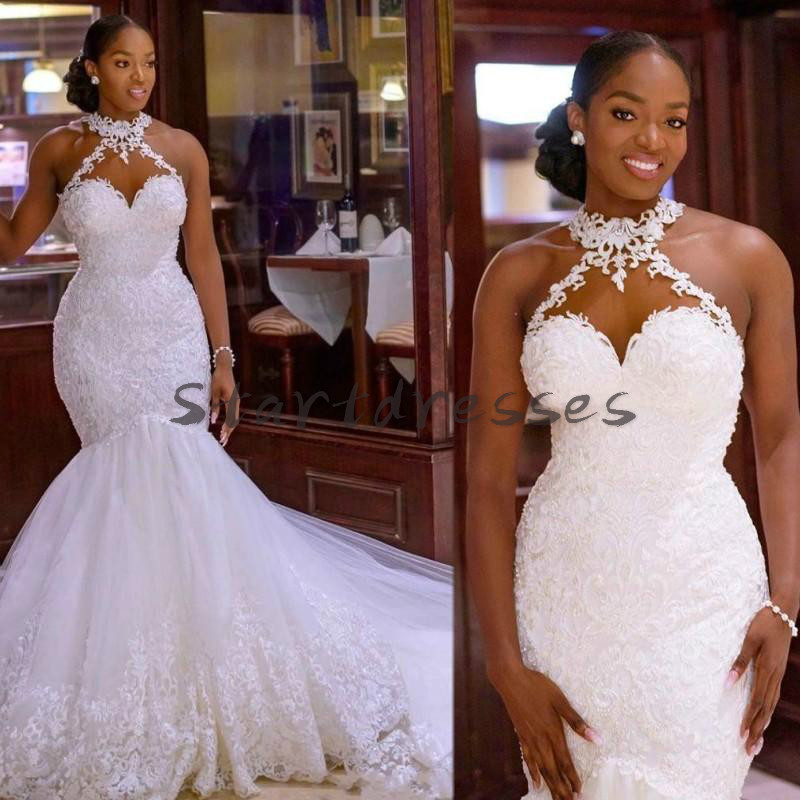 

Black Girls Mermaid Wedding Dresses African Halter Neck Appliques Lace Church Wedding Dress 2021 Plus Size Country Beach Sexy robe de mariee, Gold