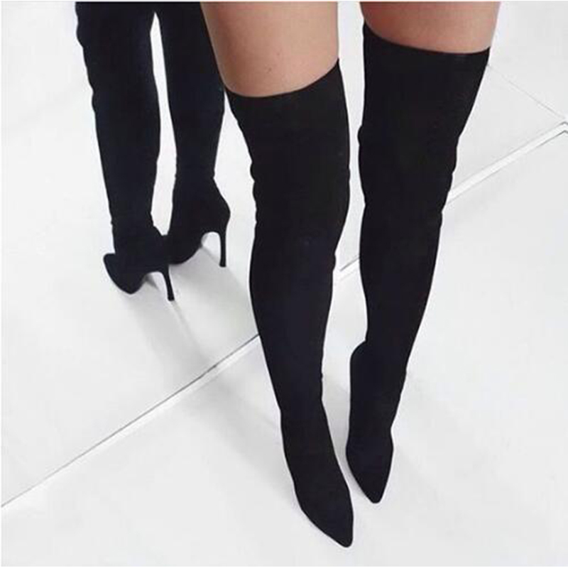 

2020 Women Winter Hot Long Royal Picture Apricot Pink Suede Toe on Knee Thin Stiletto Boots Heels I1u5, The picture