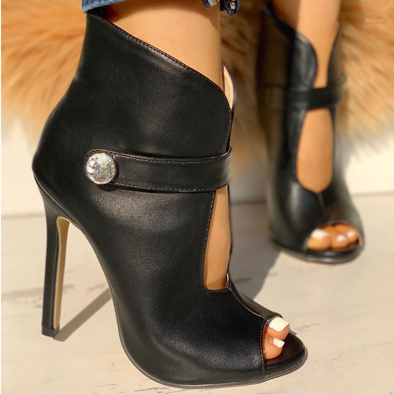 

PU Leather Rhinestone Peep Toe Stiletto Heel Studded Daily Casual Black Ladies Short Boots1
