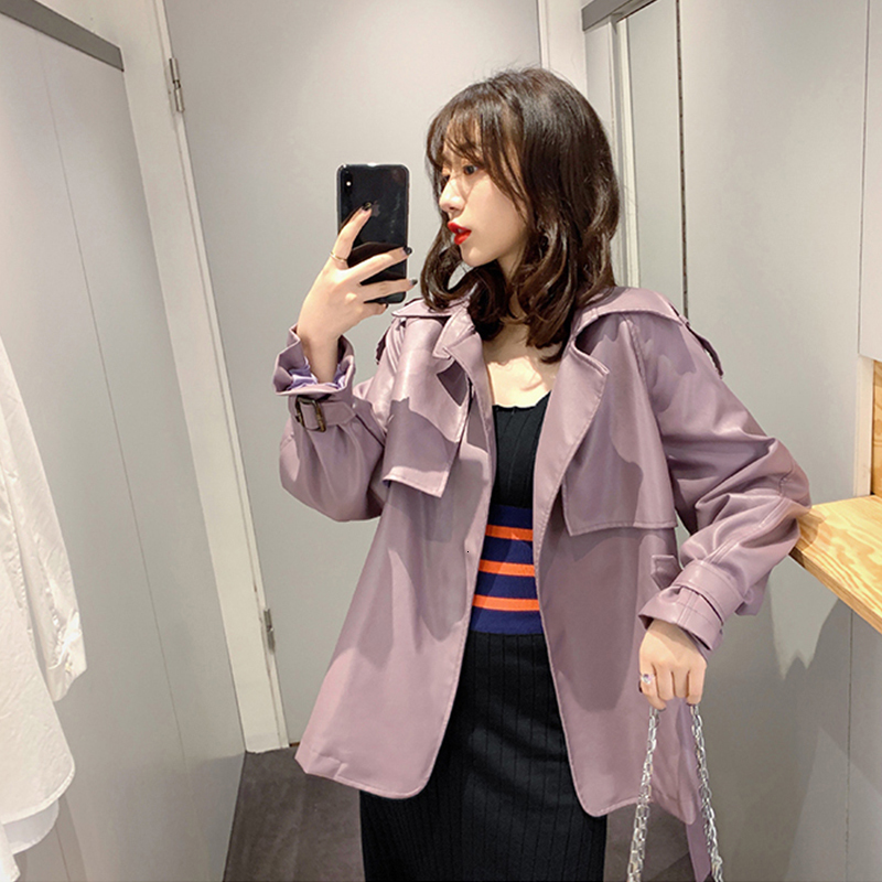 

2021 New Female Autumn Loosed in False Soft Leather Jacket Turn Down Collar Black Coat Streetwear Outerwear with a Belt RV4D, Lavender