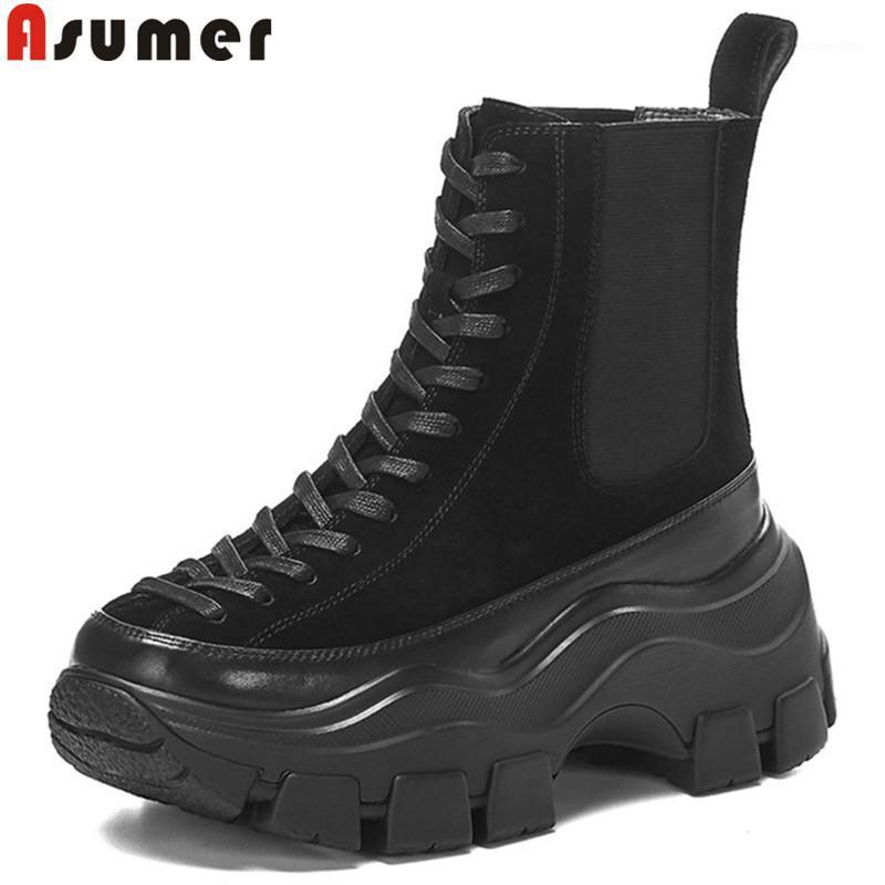 

ASUMER 2020 new genuine leather boots women round toe lace up ankle boots flat platform shoes women autumn winter1, Black with fur