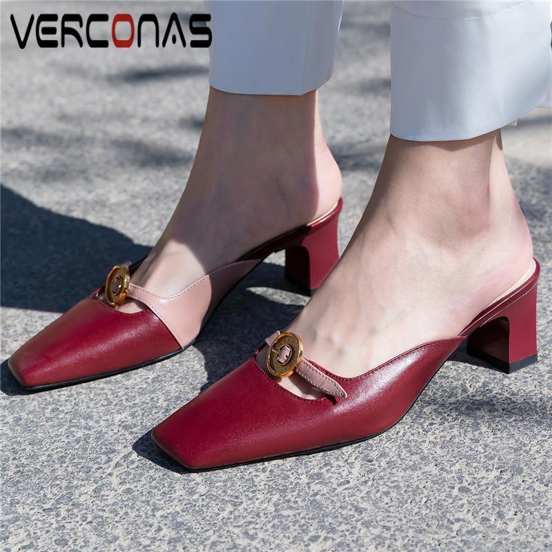 

VERCONAS Women Thick Heel Mules Slippers Decorative Buckle Wild Sandals Square Toe Genuine Leather Thick Heels Shoes Woman1, Hongse