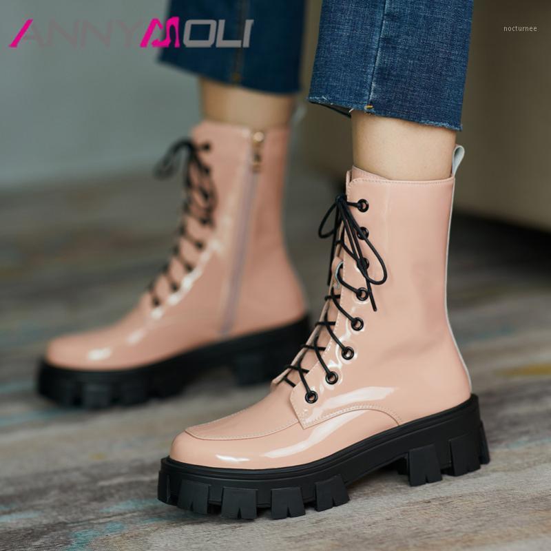 

ANNYMOLI Motorcycle Boots Women Shoes Real Leather Platform High Heel Short Boots Zip Lace Up Thick Heels Ankle Black 421, Black synthetic lin