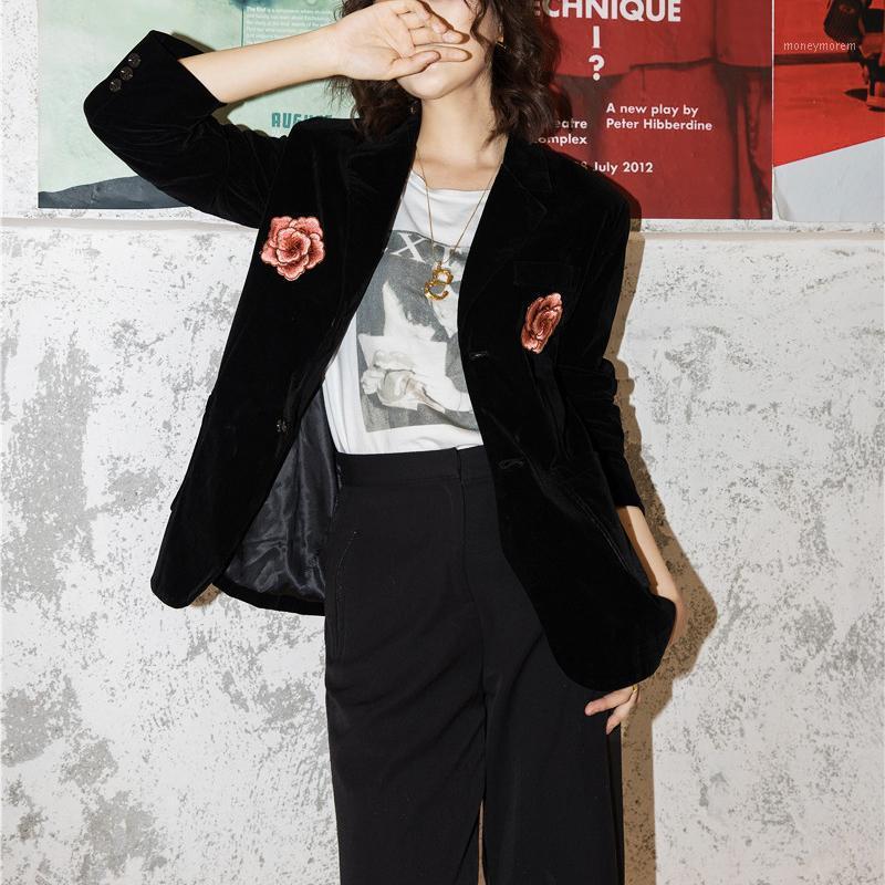 

Vogue New Style Women Velvet Slim Blazer Coat Autumn Winter Chic Flower Embroidery Vintage Suit Jacket Women Clothes SL0541, Black