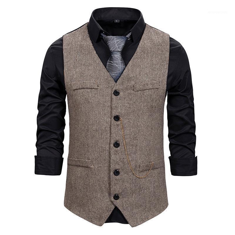 

Men's 4 Pockets Herringbone Tweed Dress Vest Fashion Chain Decoration Waistcoat Men Vintage Gentleman British Suit Vest Gilet1, Black