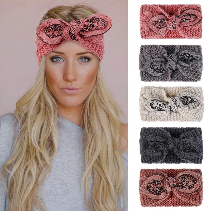 

Women Chunky Braided Knitted Headband Ears Bowknot Hairband Floral Sequins Solid Color Ear Warmer Headwrap