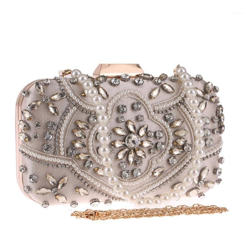

New Crystal Beaded Clutch Evening Bags for Women Formal Bridal Wedding Clutch Purse Prom Cocktail Party Handbags Pearl Bracelet1, Silver