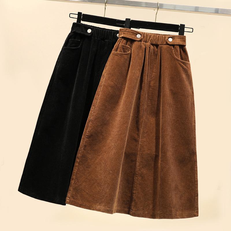 

Zoki Winter Women Corduroy Skirt A Line Thick Warm Loose Plus Size Midi Skirt High Waist Casual Fashion Pocket Female Faldas, Black
