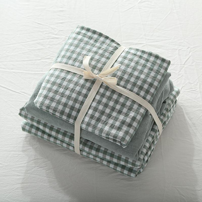 

4pcs 100% Washed Cotton Green Plaid bed cover set King linen1