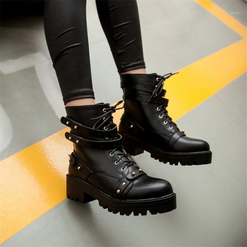 

PXELENA 2020 Motorcycle Boots Woman Shoes Punk Rivet Riding Boots Chunky Heels Round Toe Ankle Gothic Plus Size1, Black