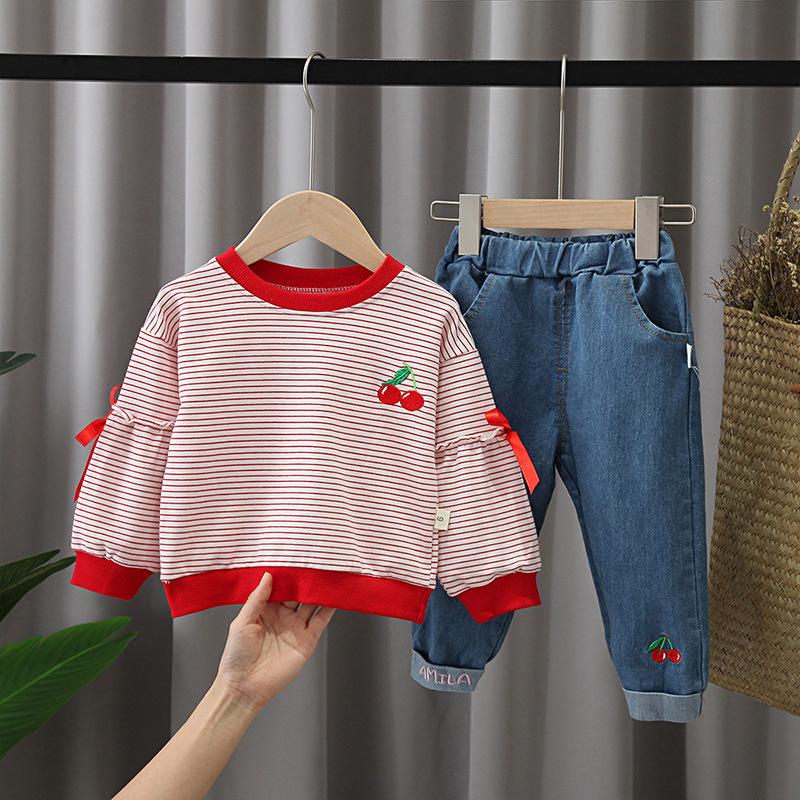 

spring autumn period baby girls suits children stripe fleece + jeans two-piece outfit Kids, Orange