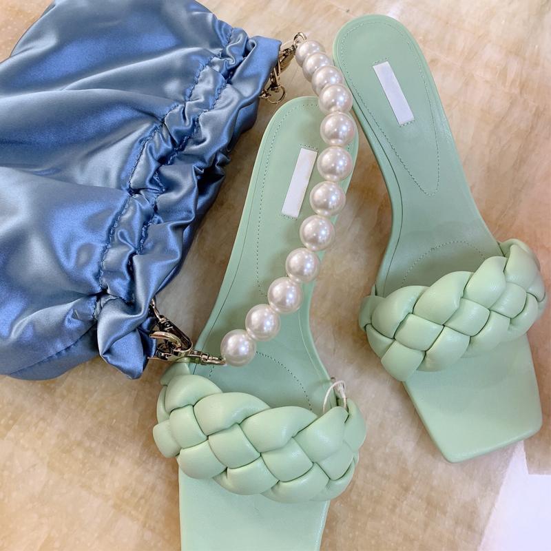 

Summer Weave Sandals Women PU Square Toe Checkered Slip On High Heels Slippers Women Fashion Sexy Shoes Feminina 2021, Sky blue