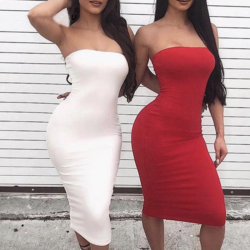 

Off Shoulder Solid Sexy Dress Women 2021 Summer Sleeveless Strapless Basic Black White Bodycon Bandage Hip Midi Dress Robe Femme, Lake blue