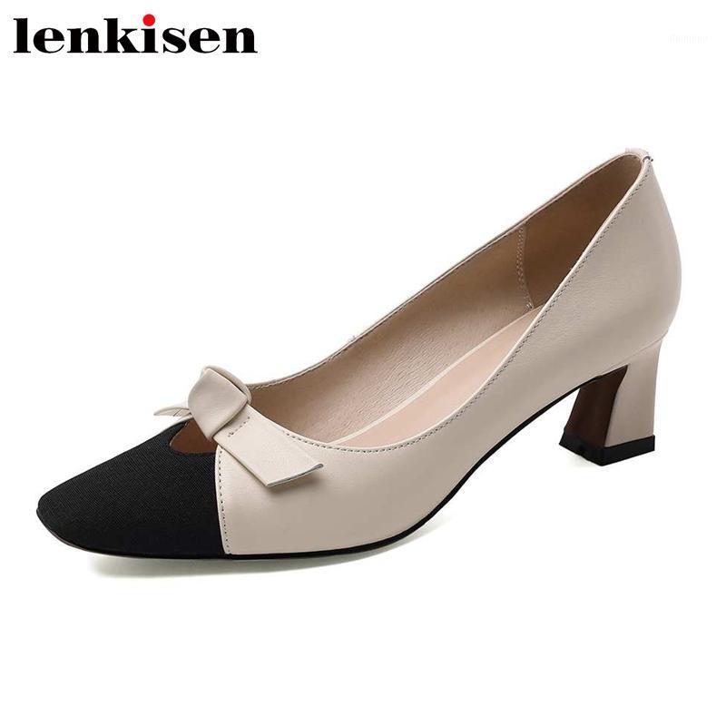 

Lenkisen summer full grain leather small square toe high heels high street fashion shallow bowtie office lady dating pumps L061, Apricot