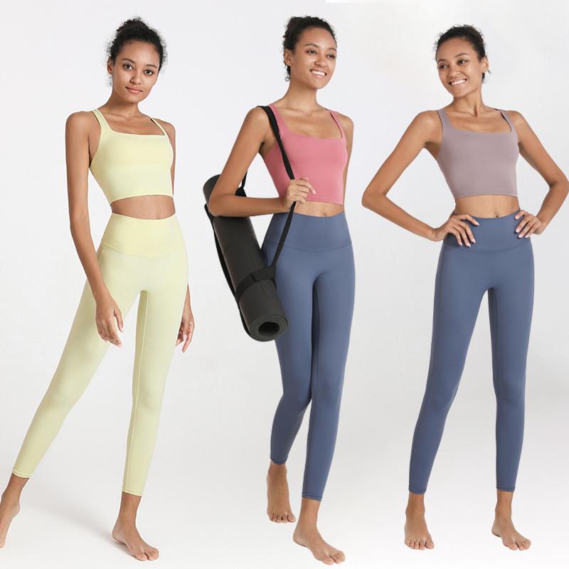 

Women Yoga Set Gym Clothing Sports Suits for Lady Workout Sportswear High Waist Pants Slim Tight Running Vest +leggings 2pcs, Yellow