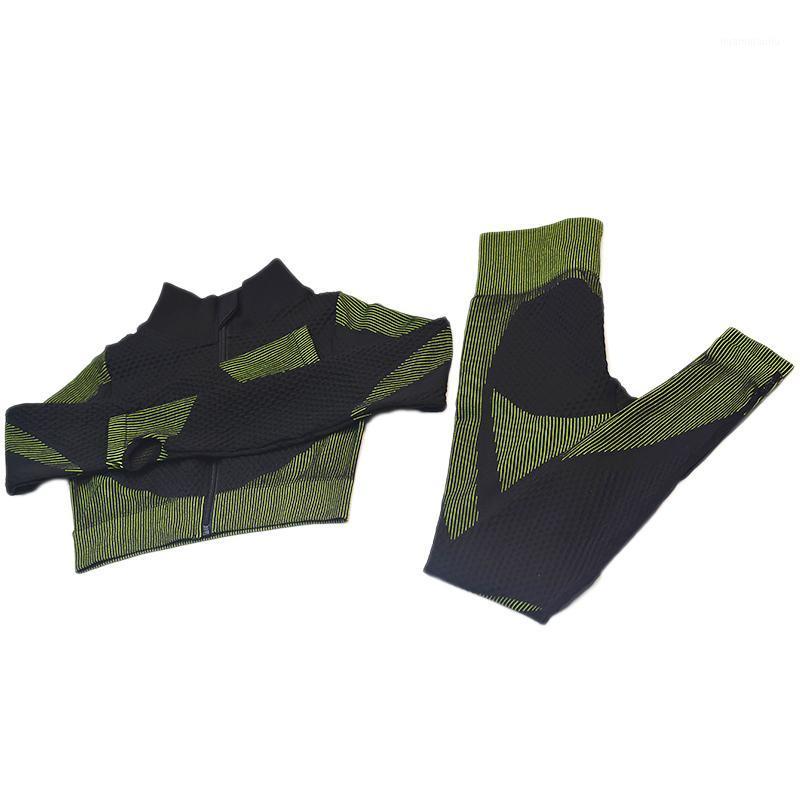 

2 Pcs Seamless Workout Clothes for Women Full Zipper Long Sleeve Yoga Set Gym Fitness Workout Sportswear1, Green
