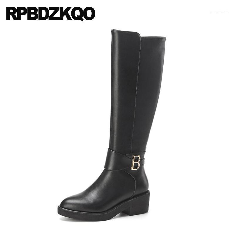 

high heel long shoes 10 round toe genuine leather women boots winter 2020 metal big size fur block real chunky brand knee black1, Black