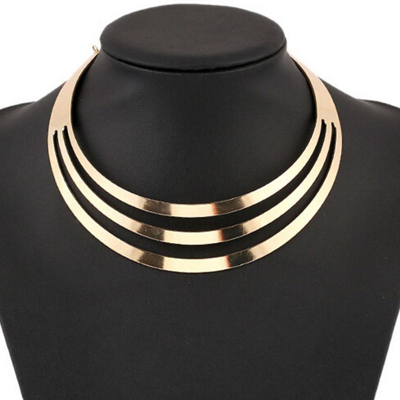 

Fashion Women Punk Statement Maxi Necklace Collier Torque Bijoux 3 Layers Gold Color Round Choker Fashion Jewelry