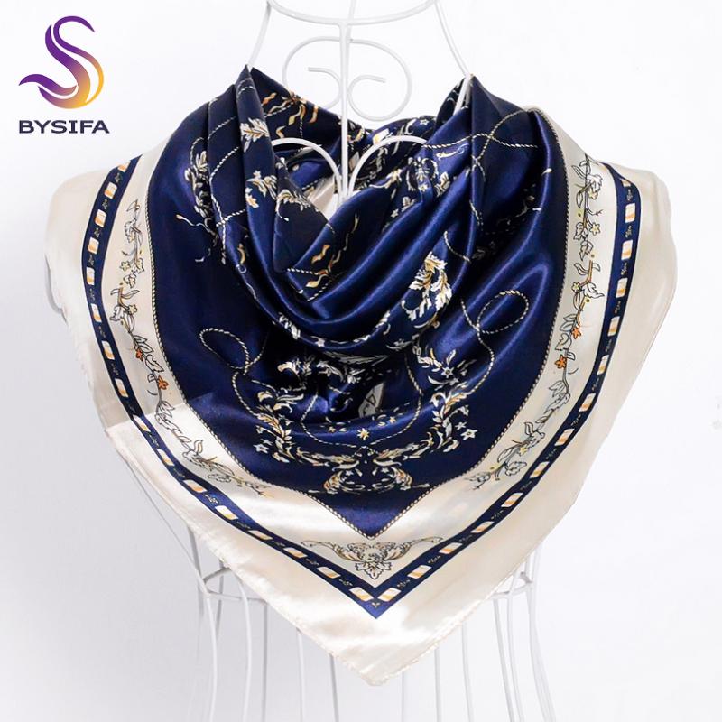 

BYSIFA] Navy Blue Beige Female Satin Silk Scarf Shawl Fashion Accessories Women Chain Flowers Pattern Autumn Winter Scarves