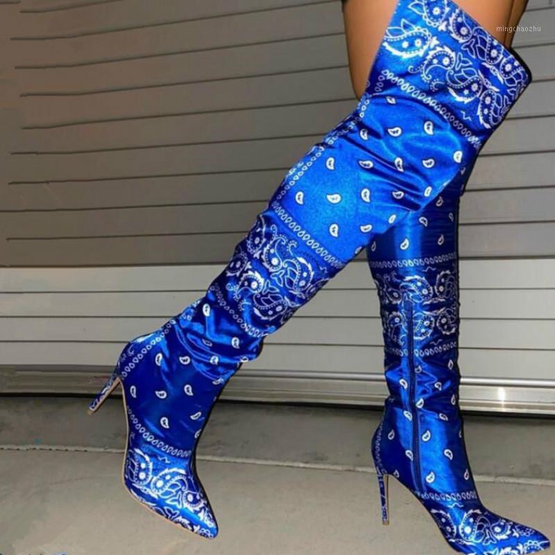 

2020 Autumn Plus Size Boots Women Winter New Super High Heel Print Over The Knee Boots Stiletto Fashion Motorcycle1, Blue