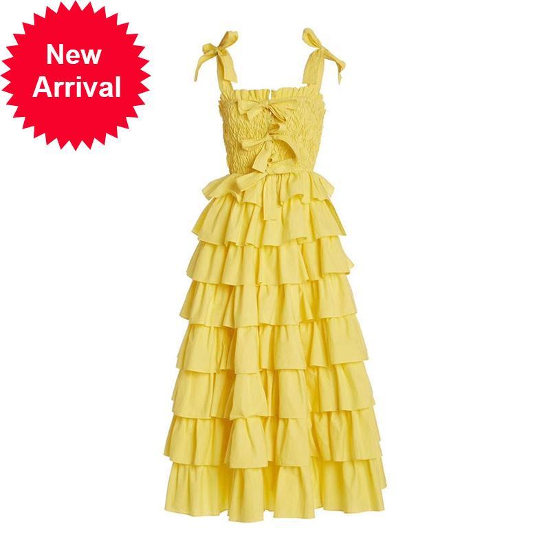 

2021 New High Quality New Female Clue Summer Sexy Suspend Bowknot Elastic Wrap Swollen Yellow Cake Midi Dress Brand Clothes K80w, Blue